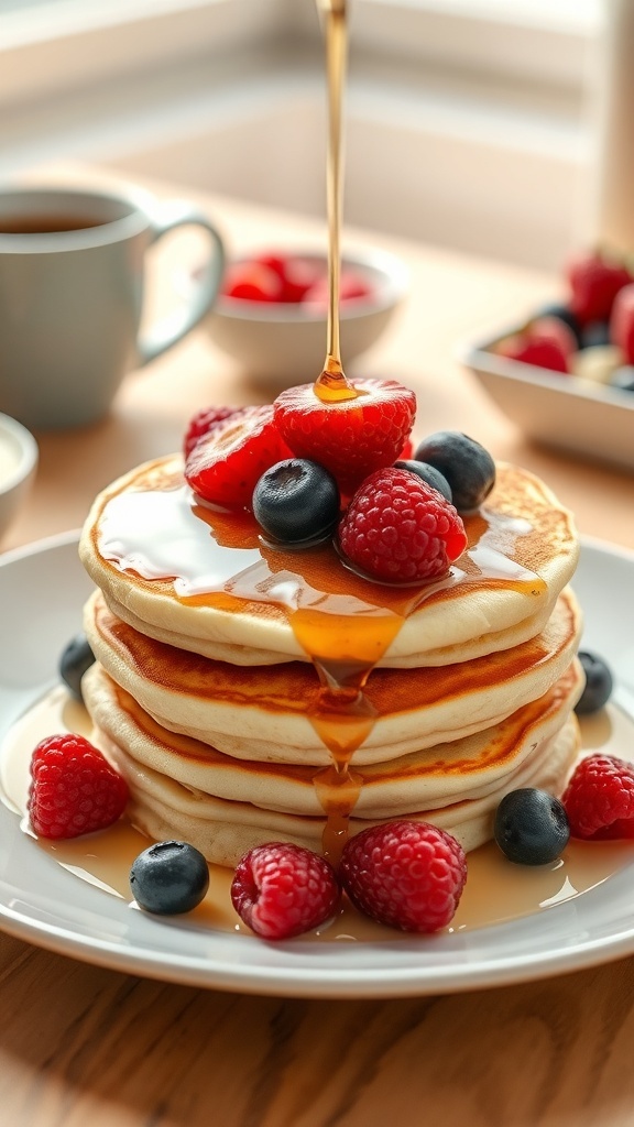 A stack of golden pancakes topped with berries and honey on a plate.